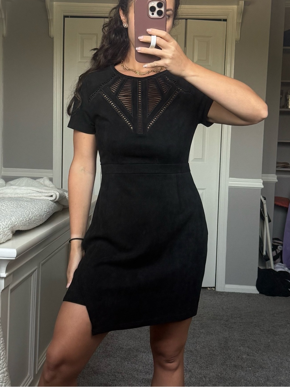 Design Lab Black Suede Short Sleeve Cutout Detail Sheath Dress